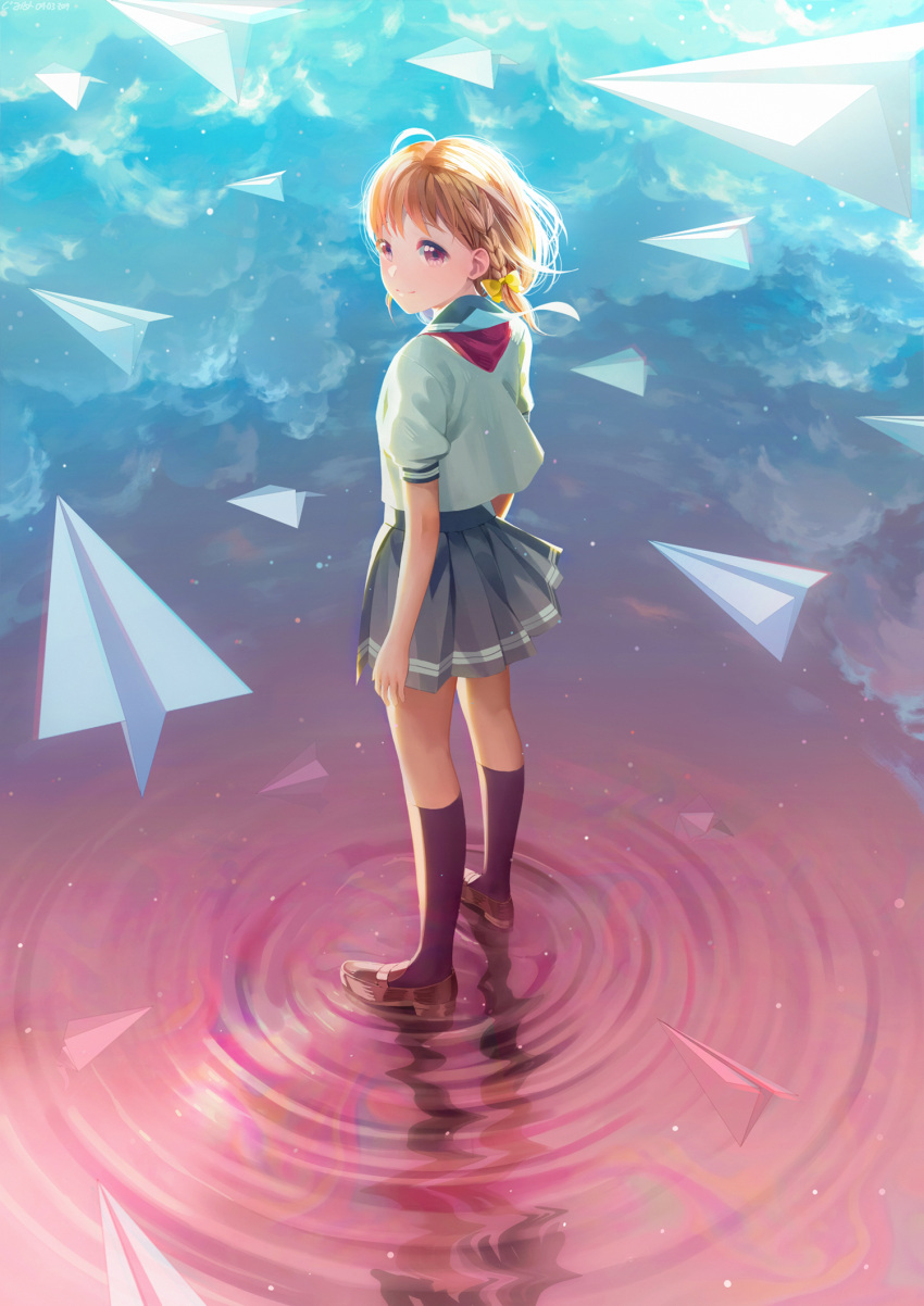1girl bow clouds full_body hair_bow highres kneehighs looking_at_viewer looking_back love_live! love_live!_sunshine!! megumi_cv orange_hair paper paper_airplane pleated_skirt red_eyes reflecting_pool reflection ripples sailor_collar school_uniform skirt smile solo takami_chika water