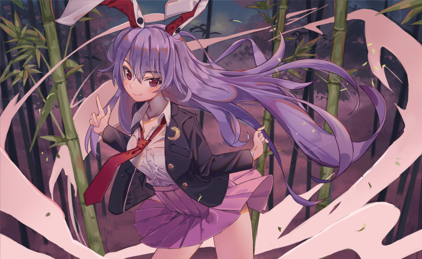1girl animal_ears bamboo bamboo_forest blazer blouse blush breasts collarbone crescent crescent_moon_pin forest jacket large_breasts lavender_hair long_hair looking_at_viewer maachi_(fsam4547) medium_skirt nature necktie pink_skirt pleated_skirt purple_hair rabbit_ears red_eyes reisen_udongein_inaba skirt solo touhou very_long_hair