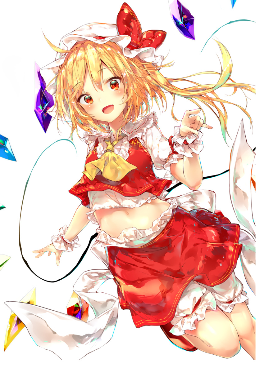 1girl :d blonde_hair bloomers blush bow commentary_request crop_top crystal fangs feet_out_of_frame flandre_scarlet frilled_shirt_collar frills hand_up hat hat_bow highres leg_up long_hair looking_at_viewer midriff mob_cap navel one_side_up open_mouth puffy_short_sleeves puffy_sleeves red_bow red_eyes red_footwear red_skirt red_vest sakusyo shirt shoes short_sleeves simple_background skirt skirt_set smile solo stomach touhou underwear vest white_background white_bloomers white_hat white_shirt wings wrist_cuffs yellow_neckwear