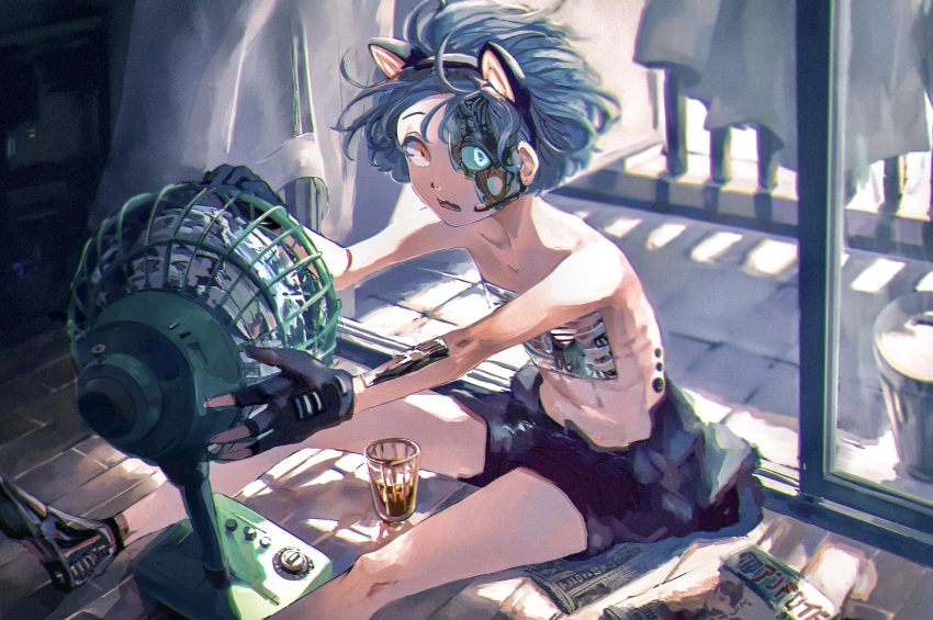 1girl android animal_ears balcony cat_ears chromatic_aberration commentary cup drinking_glass electric_fan fake_animal_ears fingerless_gloves gloves highres jyagaricoeater looking_at_viewer mechanical_eye on_floor orange_eyes original parts_exposed short_hair silver_hair sitting solo topless