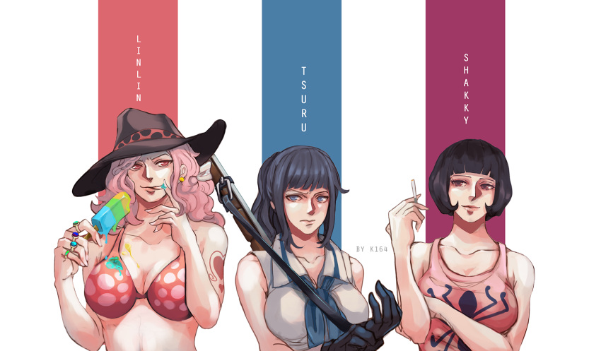 3girls adjusting_clothes adjusting_gloves arm_tattoo bangs bare_arms bare_shoulders bikini_top black_gloves black_hair blue_eyes bob_cut breasts camisole character_name charlotte_linlin cigarette cleavage closed_mouth collarbone commentary cowboy_hat earrings english_commentary finger_licking food gloves gun hand_on_own_arm hand_up hands_up hat heart heart_tattoo high_ponytail highres holding holding_cigarette holding_food jewelry k164 licking lips long_hair looking_at_viewer multiple_girls one_piece pink_hair popsicle red_eyes rifle rifle_on_back ring serious shakuyaku_(one_piece) shirt short_hair sidelocks signature sleeveless sleeveless_shirt smile stomach tattoo tongue tongue_out tsuru_(one_piece) upper_body weapon weapon_on_back younger