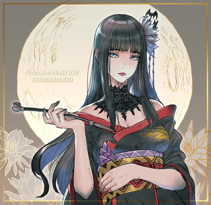 1girl bangs bare_shoulders black_hair black_kimono blue_eyes blunt_bangs breasts cleavage closed_mouth copyright_name eyebrows_visible_through_hair final_fantasy final_fantasy_xiv flower full_moon hair_flower hair_ornament hand_up highres hyur japanese_clothes kimono kiseru kuroimori light_blue_eyes lipstick long_hair long_sleeves looking_at_viewer makeup medium_breasts mole mole_under_mouth moon obi off_shoulder pink_lipstick pipe sash solo straight_hair upper_body white_flower wide_sleeves yotsuyu_(ff14)