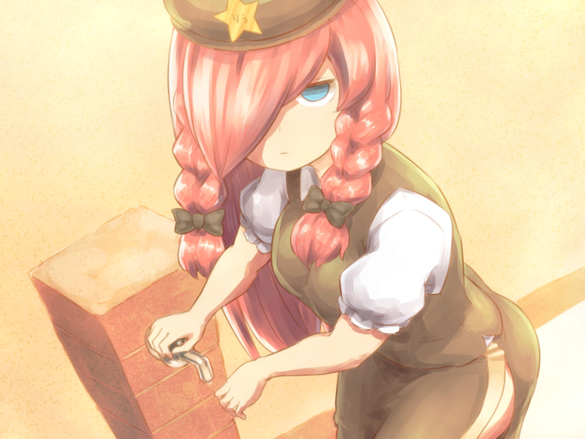 1girl beret blue_eyes bow braid breasts commentary_request cowboy_shot dutch_angle empty_eyes faucet green_bow green_hat green_skirt green_vest hair_bow hair_over_one_eye has_bad_revision has_downscaled_revision hat highres hong_meiling jitome long_hair looking_at_viewer medium_breasts puffy_short_sleeves puffy_sleeves redhead shirosato shirt short_sleeves side_slit skirt skirt_set solo standing star touhou twin_braids vest white_shirt