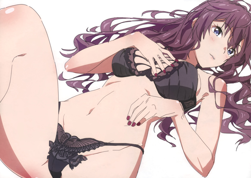 1girl absurdres black_bra black_panties blue_eyes blush body_blush bra breasts eyebrows_visible_through_hair hand_on_own_chest highres ichinose_shiki idolmaster idolmaster_cinderella_girls leg_up lingerie lips long_hair lying medium_breasts nail_polish navel on_back panties parted_lips purple_hair scan smile solo taku1122 underwear underwear_only