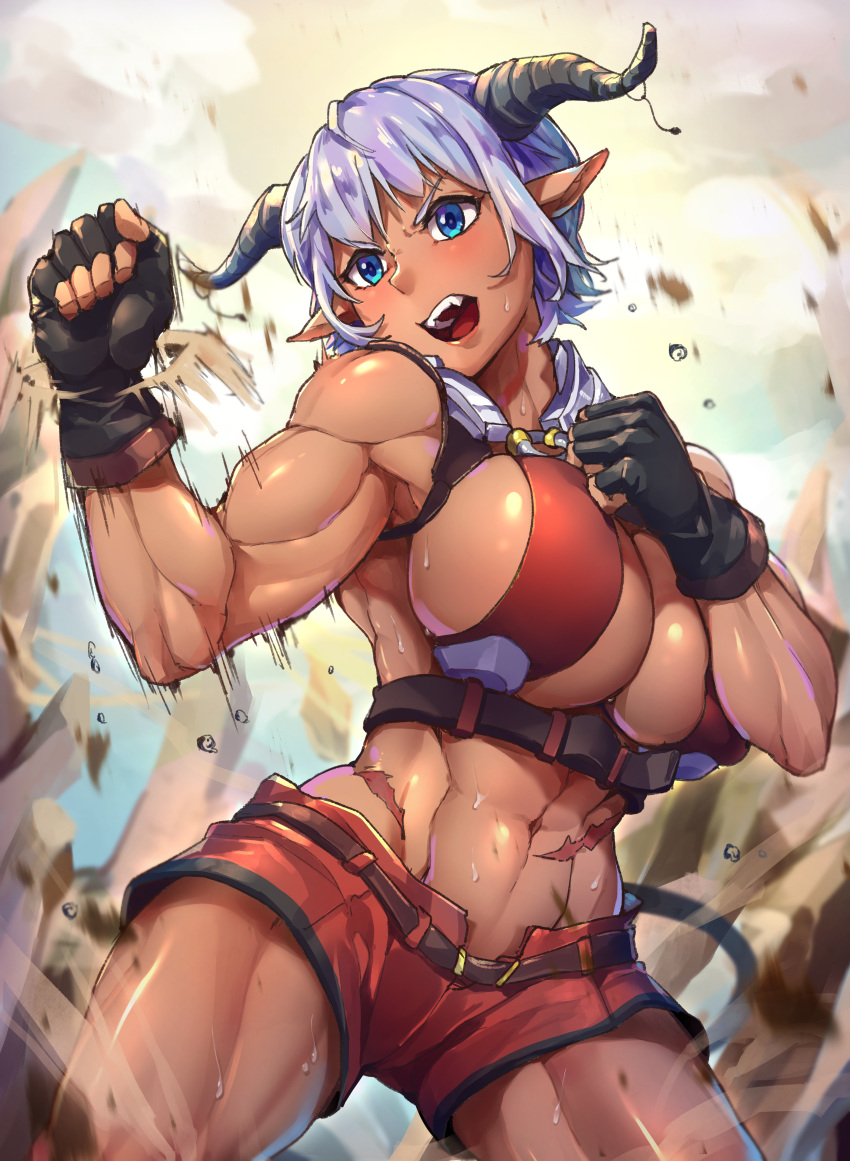 1girl abs absurdres belt blue_eyes breasts demon_girl demon_horns fangs fingerless_gloves gloves highres horns huge_filesize large_breasts mr.lime muscle navel open_mouth original pointy_ears punching purple_hair scar short_hair shorts sweat thighs toned