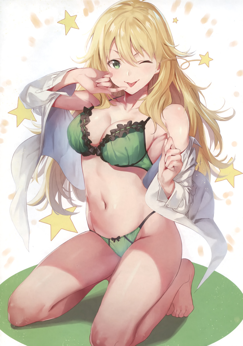 1girl ;p absurdres ahoge barefoot blonde_hair bra breasts cleavage finger_to_mouth full_body green_bra green_eyes green_panties hand_to_own_mouth highres hoshii_miki idolmaster idolmaster_(classic) kneeling long_hair long_legs medium_breasts navel off_shoulder one_eye_closed open_clothes open_shirt panties shirt simple_background sola_(solo0730) solo tongue tongue_out underwear v-shaped_eyebrows white_background