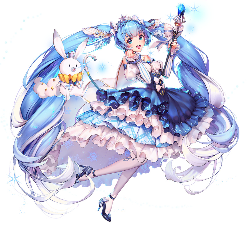 1girl blue_eyes blue_hair blush bow cape crown curly_hair dress eyebrows_visible_through_hair frilled_dress frilled_sleeves frills gem hair_ornament hatsune_miku high_heels kkuem long_hair looking_at_viewer official_art open_mouth rabbit smile snowflake_print solo strapless strapless_dress transparent_background twintails very_long_hair vocaloid white_legwear yuki_miku