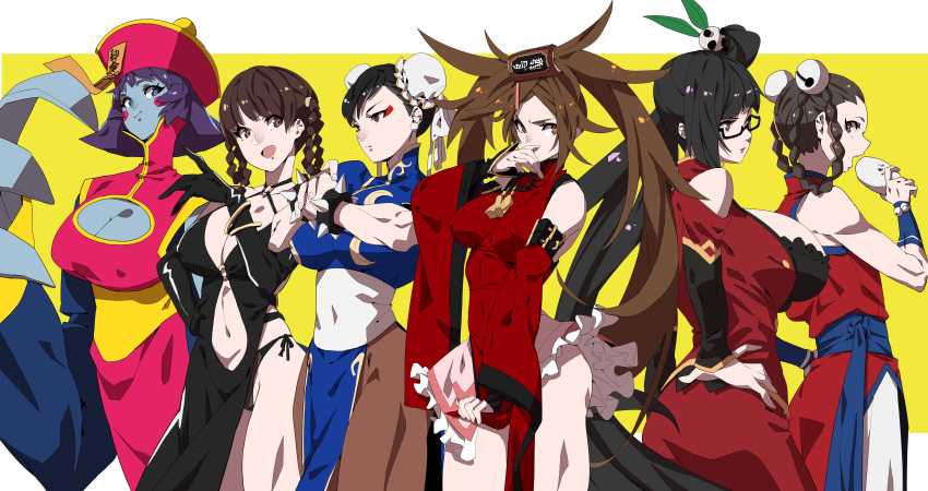 6+girls absurdres baozi black_hair black_legwear black_panties blazblue blue_skin bracelet braid breasts brown_eyes brown_hair bun_cover capcom china_dress chinese_clothes chun-li cleavage covered_navel crossover dead_or_alive detached_sleeves double_bun dress eating food guilty_gear hair_rings hand_on_hip hat highres jewelry jiangshi kuradoberi_jam large_breasts lei_fang lei_lei li_xiangfei litchi_faye_ling long_hair makai multiple_girls muscle muscular_female navel panties pantyhose pelvic_curtain ponytail puffy_short_sleeves puffy_sleeves purple_hair serious short_hair short_sleeves side-tie_panties sleeveless spiked_bracelet spikes stomach street_fighter the_king_of_fighters thong toned trait_connection twin_braids twintails underwear vampire_(game) very_long_hair wide_sleeves yellow_background