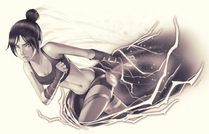 1girl apex_legends ark_ford arm_warmers bare_shoulders belt belt_buckle biribiri black_hair breasts buckle commentary crop_top electricity groin hair_bun highres lightning midriff monochrome navel no_pupils nose nose_piercing parted_lips piercing short_hair short_shorts shorts sidelocks small_breasts solo stomach thigh_strap wraith_(apex_legends)