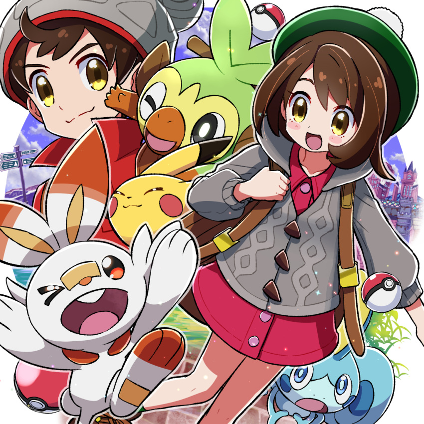 1boy 1girl backpack bag blush_stickers brown_hair closed_eyes commentary_request creatures_(company) female_protagonist_(pokemon_swsh) game_freak gen_1_pokemon gen_8_pokemon green_hat grey_cardigan grey_hat grookey hat highres hooded_cardigan kingin long_sleeves male_protagonist_(pokemon_swsh) nintendo one_eye_closed open_mouth pikachu pink_shirt poke_ball poke_ball_(generic) pokemon pokemon_(creature) pokemon_(game) pokemon_swsh red_shirt scorbunny shirt short_hair smile sobble tam_o'_shanter yellow_eyes