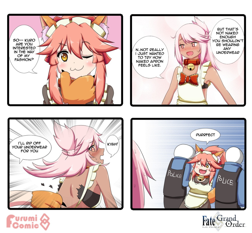 2girls 4koma :3 animal_ear_fluff animal_ears apron bell bell_collar blush cat_hair_ornament cat_paws chloe_von_einzbern collar comic cosplay dark_skin english_text eyebrows_visible_through_hair fate/grand_order fate_(series) fox_ears fox_girl fox_tail gloves hair_between_eyes hair_ornament highres keita_naruzawa long_hair maid_headdress multiple_girls one_side_up open_mouth orange_eyes paw_gloves paws pink_hair police tail tamamo_(fate)_(all) tamamo_cat_(fate) tamamo_cat_(fate)_(cosplay)