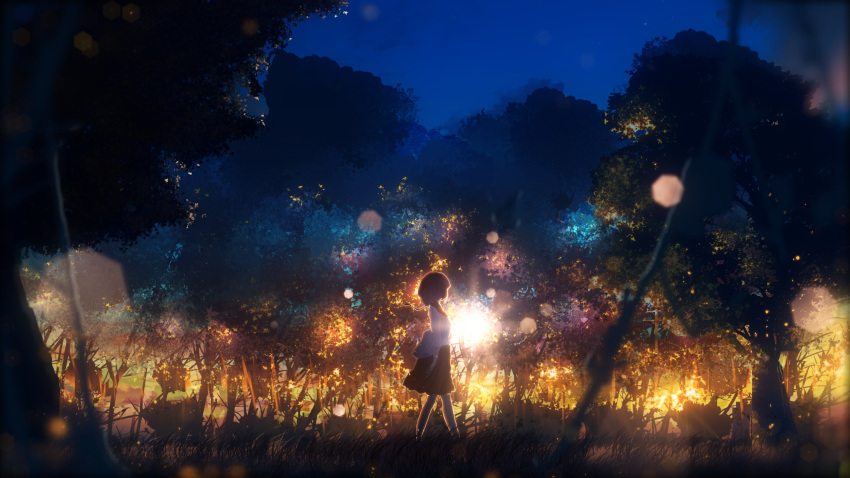 1girl blue_sky blurry_foreground bush commentary_request forest from_side grass highres lens_flare light looking_away nature original scenery school_uniform short_hair silhouette skirt sky solo sun sunset tree twilight walking y_y_(ysk_ygc)