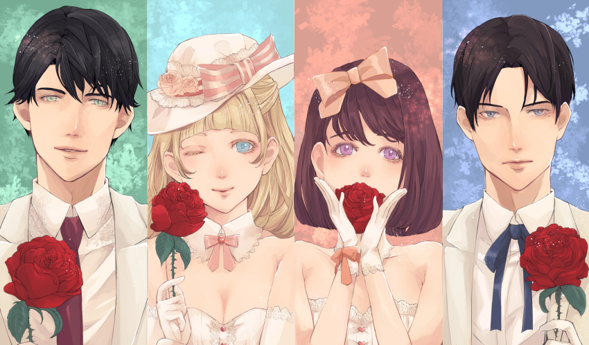 2boys 2girls :| ;) arikawa_anri bangs bare_shoulders black_hair blonde_hair blue_ribbon blunt_bangs bow breasts brown_hair cleavage closed_mouth detached_collar dress flower formal gloves green_eyes hand_up hands_up hat hat_bow hat_flower heart highres lace looking_at_viewer maroon_neckwear mole mole_under_eye multiple_boys multiple_girls necktie one_eye_closed original parted_bangs pink_bow pink_ribbon red_flower ribbon rose small_breasts smile striped striped_bow suit violet_eyes white_dress white_gloves white_hat white_suit