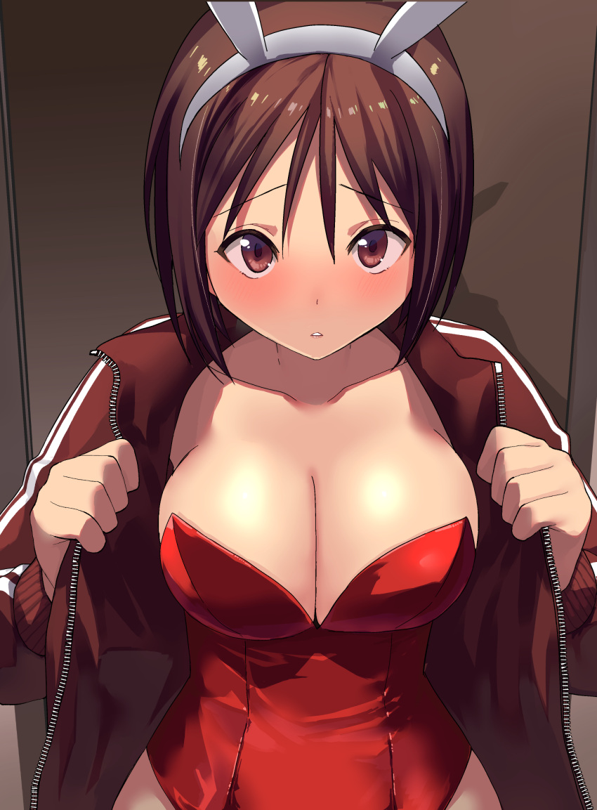 1girl animal_ears blush breasts brown_eyes brown_hair brown_jacket bunnysuit cleavage collarbone fake_animal_ears hairband headband highres jacket kantai_collection large_breasts leotard looking_at_viewer masukuza_j natori_(kantai_collection) open_clothes open_jacket parted_lips rabbit_ears red_leotard shadow short_hair solo track_jacket white_hairband zipper