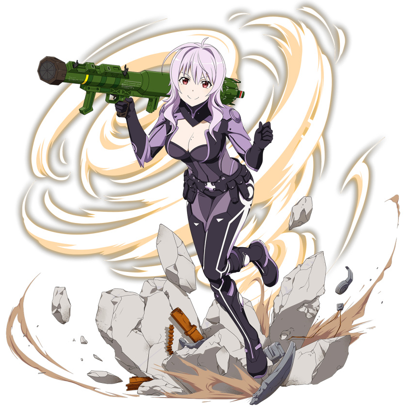 1girl bazooka black_gloves bodysuit breasts cleavage cleavage_cutout full_body gloves hair_between_eyes highres holding holding_weapon large_breasts leg_up long_hair looking_at_viewer mole mole_on_breast official_art pink_hair red_eyes shiny shiny_hair smile solo strea_(sao-alo) sword_art_online transparent_background weapon