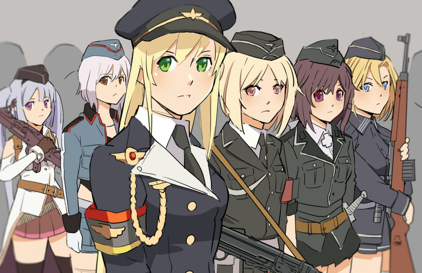 6+girls artist_request assault_rifle blonde_hair brown_eyes commentary_request g43_(girls_frontline) girls_frontline grey_hair gun handgun hat highres looking_at_viewer luger_p08 machine_gun mg42 mg42_(girls_frontline) military military_hat military_uniform mp40_(girls_frontline) multiple_girls p08_(girls_frontline) p38_(girls_frontline) pistol rifle stg44 stg44_(girls_frontline) uniform weapon wehrmacht