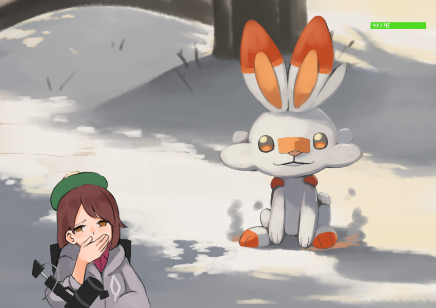 1girl absurdres bangs boom_microphone brown_eyes brown_hair creatures_(company) female_protagonist_(pokemon_swsh) game_freak gen_8_pokemon green_hat hat health_bar highres kion-kun nintendo pokemon pokemon_(creature) pokemon_(game) pokemon_swsh scorbunny short_hair snow steam tree twitch