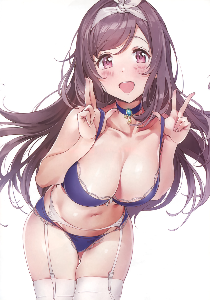 1girl :d absurdres ameyame blue_bra blue_panties bra breasts choker cleavage double_w eyebrows_visible_through_hair garter_belt hairband highres idolmaster idolmaster_shiny_colors large_breasts leaning_forward lingerie long_hair looking_at_viewer navel open_mouth panties purple_hair scan sidelocks simple_background smile solo strap_lift thigh-highs tsukioka_kogane underwear underwear_only very_long_hair violet_eyes w white_background white_legwear
