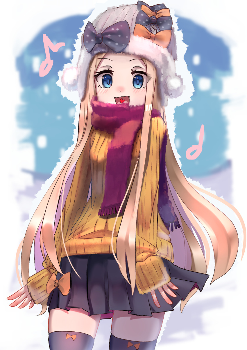1girl :d abigail_williams_(fate/grand_order) alternate_costume bangs beanie black_bow black_legwear black_skirt blonde_hair blue_eyes blush bow breasts brown_sweater commentary_request eighth_note eyebrows_visible_through_hair fate/grand_order fate_(series) forehead fringe_trim hat hat_bow heart heart_in_mouth highres long_hair long_sleeves musical_note nakasaku-p open_mouth orange_bow parted_bangs pleated_skirt polka_dot polka_dot_bow red_scarf ribbed_sweater scarf skirt sleeves_past_wrists small_breasts smile solo sweater thigh-highs very_long_hair white_hat