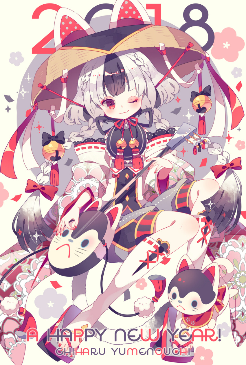1girl 2018 artist_name bangs bell black_bow black_hair bow braid brais chinese_zodiac commentary_request dog dog_tail floral_print geta hair_bow happy_new_year head_tilt highres holding holding_instrument instrument jingle_bell long_hair long_sleeves multicolored_hair music nail_polish new_year one_eye_closed original playing_instrument red_bow red_eyes red_nails sandals sitting smile solo tail tengu-geta twin_braids twintails two-tone_hair white_hair year_of_the_dog yumenouchi_chiharu