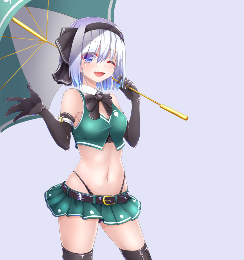 1girl ;d adapted_costume bare_shoulders belt black_belt black_bow black_gloves black_hairband black_legwear black_neckwear black_panties black_ribbon blue_eyes blush bow bowtie breasts cleavage commentary_request cowboy_shot crop_top elbow_gloves evandragon fang gloves green_shirt green_skirt green_umbrella grey_background hair_ribbon hairband hands_up highleg highleg_panties highres holding holding_umbrella konpaku_youmu looking_at_viewer medium_breasts microskirt midriff navel one_eye_closed open_mouth panties pleated_skirt ribbon shirt short_hair silver_hair simple_background skindentation skirt skirt_set sleeveless sleeveless_shirt smile solo standing stomach thigh-highs thighs touhou umbrella underwear white_umbrella wing_collar