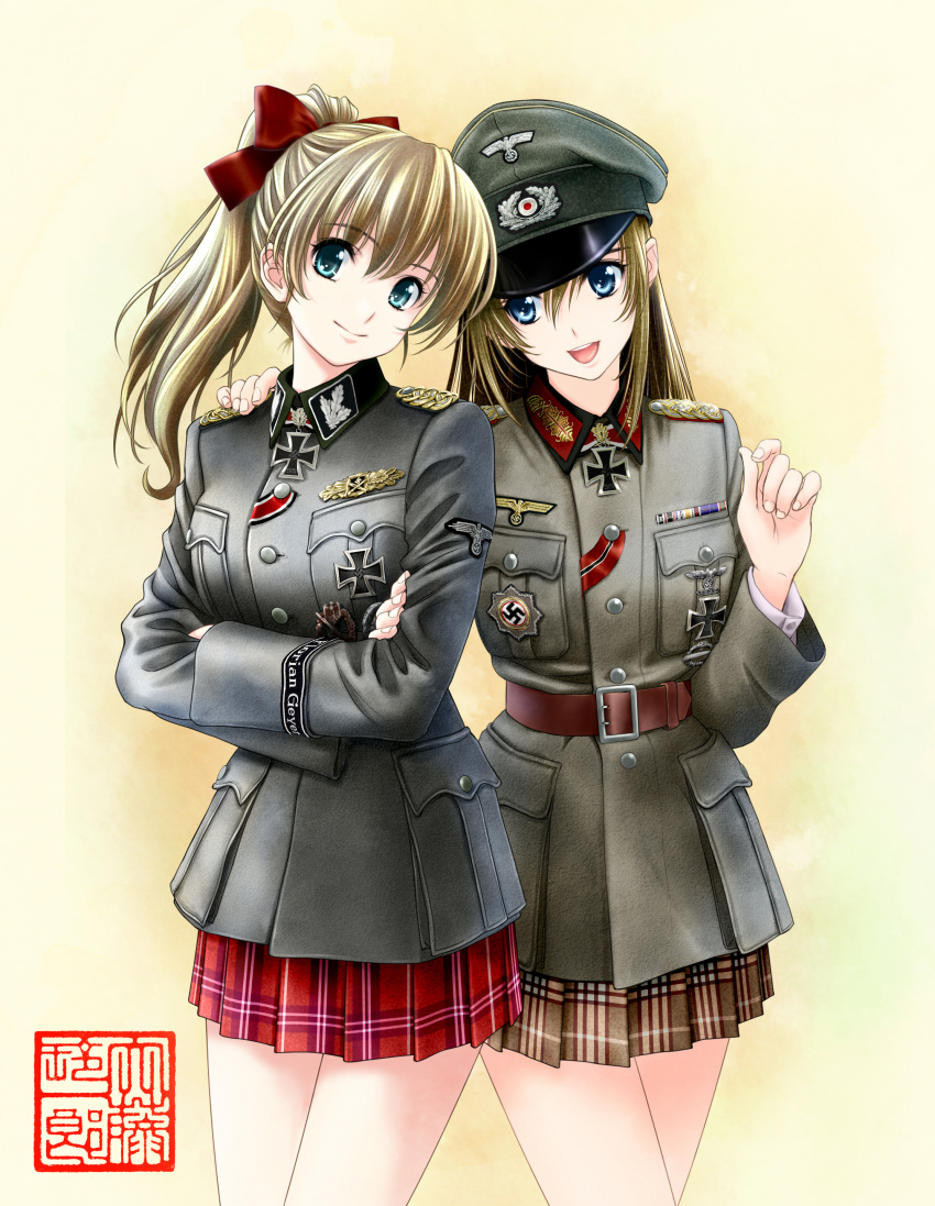 2girls :d absurdres blonde_hair blue_eyes bow brown_hair brown_skirt cowboy_shot crossed_arms eyebrows_visible_through_hair grey_hat grey_jacket hair_between_eyes hair_bow hand_on_another's_shoulder hat head_tilt high_ponytail highres jacket long_hair looking_at_viewer military military_hat military_jacket military_uniform miniskirt multiple_girls oofuji_reiichirou open_mouth original plaid plaid_skirt pleated_skirt red_bow red_skirt skirt smile standing uniform white_background