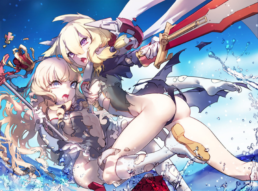 2girls ass azur_lane blonde_hair blue_eyes breasts covering covering_breasts crown elbow_gloves gloves kneehighs krab leg_up leotard long_hair looking_at_viewer multiple_girls open_mouth outdoors queen_elizabeth_(azur_lane) scepter short_hair_with_long_locks small_breasts splashing sword thigh-highs torn_clothes torn_leotard violet_eyes warspite_(azur_lane) water weapon white_gloves white_legwear