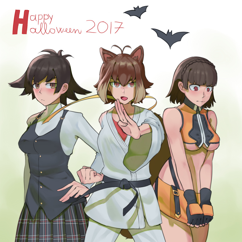 2017 3girls animal_ears antenna_hair black_hair blazblue blush bra braid breasts brown_eyes brown_hair choker clenched_hand cosplay costume_switch crossover dougi embarrassed fighting_stance fingerless_gloves french_braid gloves hand_on_hip highres long_skirt looking_at_viewer looking_down makoto_(street_fighter) makoto_(street_fighter)_(cosplay) makoto_nanaya makoto_nanaya_(cosplay) medium_breasts miniskirt multiple_crossover multiple_girls namesake niijima_makoto niijima_makoto_(cosplay) no_bra orange_skirt persona persona_5 plaid plaid_skirt red_bra red_eyes revision ribbon_choker school_uniform short_hair side_slit skirt skirt_tug sports_bra squirrel_ears squirrel_tail street_fighter street_fighter_iii_(series) suwaiya tail under_boob underwear vest