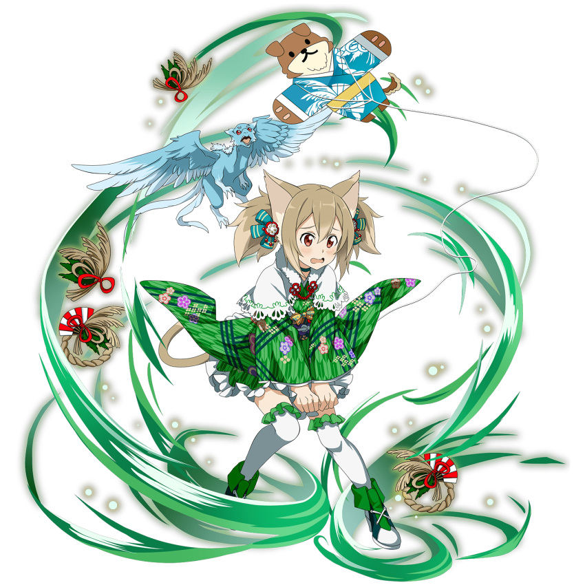 1girl animal_ears aqua_ribbon blush boots brown_hair cat_ears cat_tail embarrassed frilled_legwear full_body green_sleeves hair_between_eyes hair_ornament hair_ribbon highres long_hair long_sleeves miniskirt official_art open_mouth pina_(sao) red_eyes ribbon silica_(sao-alo) skirt skirt_tug solo sword_art_online tail thigh-highs transparent_background twintails wavy_mouth white_legwear white_skirt wide_sleeves