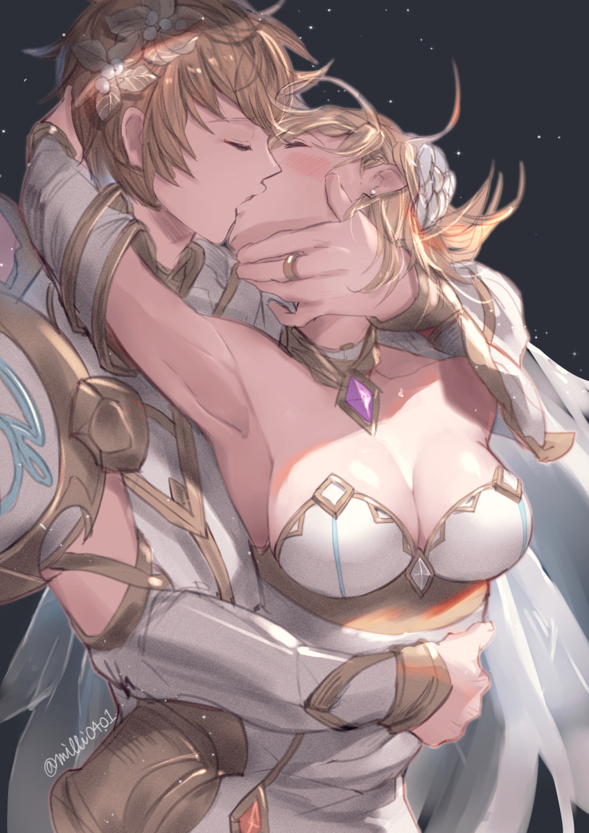 1boy 1girl amethyst_(gemstone) armor armpits bangs bare_shoulders black_background blonde_hair blush breasts brown_hair closed_eyes collarbone detached_collar detached_sleeves djeeta_(granblue_fantasy) dress earrings faulds french_kiss gem gran_(granblue_fantasy) granblue_fantasy hair_ornament hand_on_another's_chin hand_on_another's_head hand_on_another's_stomach head_back hetero highres jewelry kiss leaf_hair_ornament long_sleeves medium_breasts milli_little profile ring short_hair shoulder_armor simple_background sparkle strapless strapless_dress stud_earrings upper_body vambraces white_dress