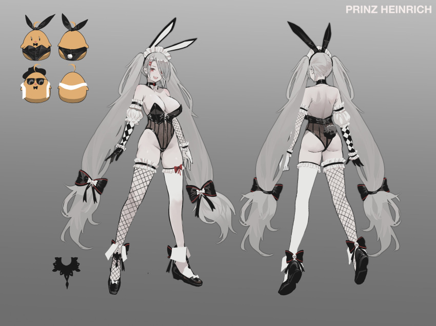1girl absurdres alternate_costume animal_ears ass azur_lane backless_outfit black_bow black_footwear black_leotard bow breasts character_name dishwasher1910 fake_animal_ears fake_tail fishnet_legwear fishnets frilled_hairband frills grey_background grey_hair hair_bow hairband highres large_breasts leotard long_hair manjuu_(azur_lane) multiple_views playboy_bunny prinz_heinrich_(azur_lane) rabbit_ears rabbit_tail red_eyes shoes simple_background single_thighhigh solo sunglasses tail thigh-highs thigh_strap twintails very_long_hair