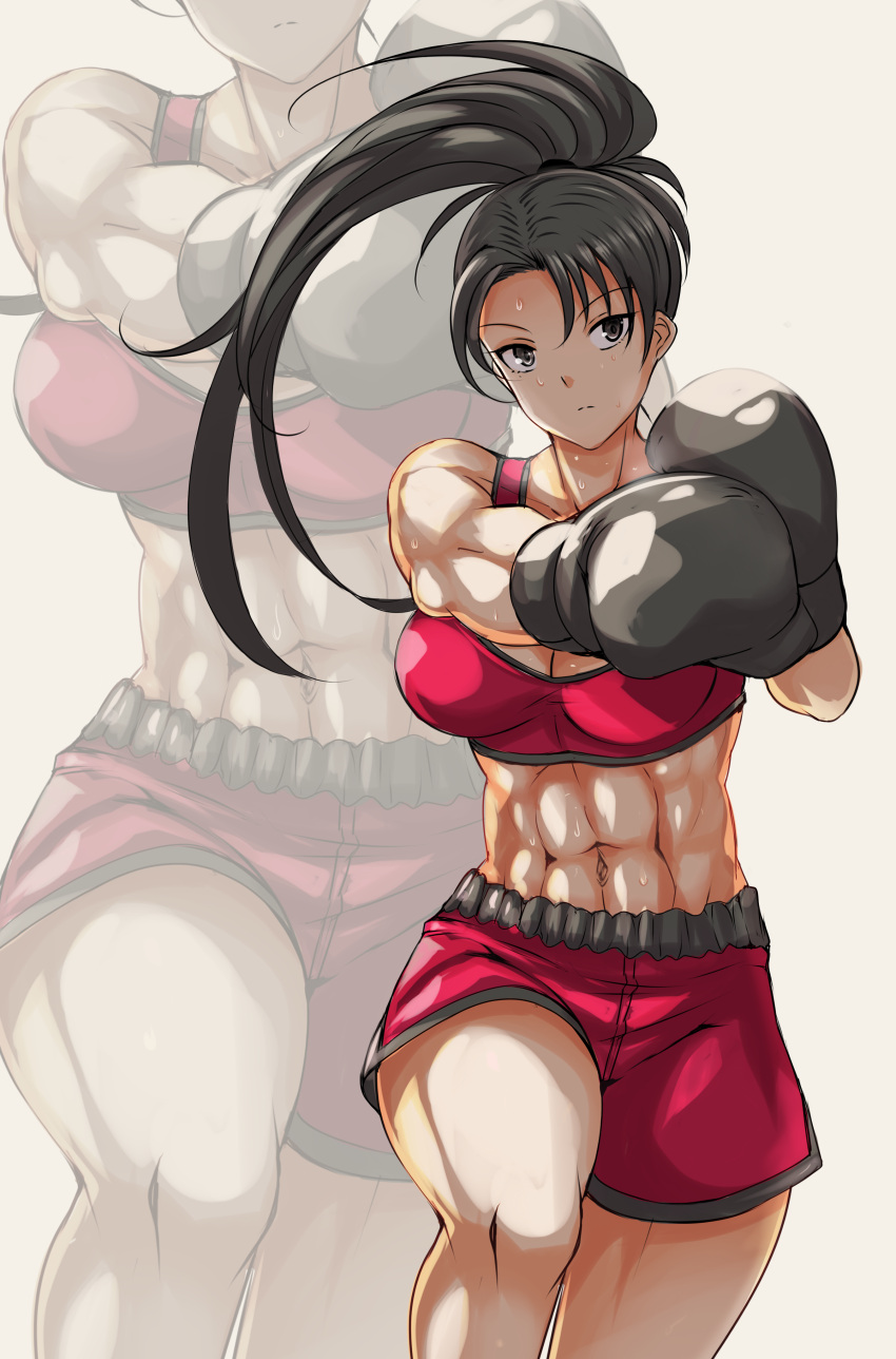 1girl abs absurdres alternate_costume black_hair boxing boxing_gloves boxing_shorts crop_top grey_eyes high_ponytail highres muscle muscular_female navel nonoririn ponytail punching red_shorts red_tank_top shorts soul_calibur stomach sweat taki_(soulcalibur) thighs tomboy