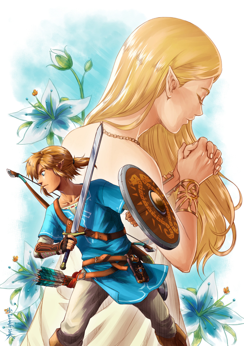 1boy 1girl absurdres armlet arrow blonde_hair blue_eyes blue_tunic bow_(weapon) bracer brown_footwear closed_eyes dress fingerless_gloves flower gloves hands_together highres holding holding_shield holding_sword holding_weapon jewelry link long_hair necklace nintendo pants pointy_ears ponytail princess_zelda quiver sheikah_slate shield standing sword the_legend_of_zelda the_legend_of_zelda:_breath_of_the_wild very_long_hair weapon white_dress yzderia
