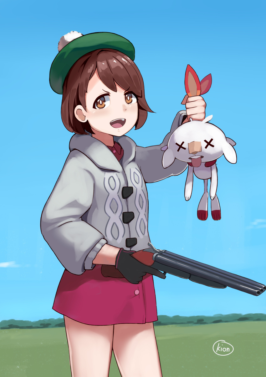 1girl :d absurdres arm_up artist_name bangs blue_sky blush bright_pupils commentary cowboy_shot creatures_(company) day english_commentary eyebrows_visible_through_hair female_protagonist_(pokemon_swsh) field game_freak gen_8_pokemon green_hat grey_cardigan gun hat highres holding holding_gun holding_weapon kion-kun long_sleeves looking_at_viewer miniskirt nintendo open_mouth outdoors pink_skirt pokemon pokemon_(creature) pokemon_(game) pokemon_swsh scorbunny short_hair shotgun skirt sky smile swept_bangs tareme tongue tongue_out trigger_discipline v-shaped_eyebrows weapon x_x