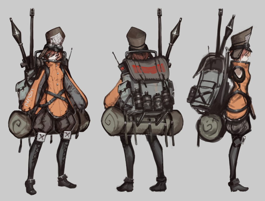 1girl backpack bag black_eyepatch black_footwear black_pants boots brown_eyes character_sheet eyepatch goggles goggles_on_head grey_headwear jacket looking_to_the_side mahou_arms official_art one_eye_covered orange_jacket pants piro_(mahou_arms) puffy_pants short_hair softmode