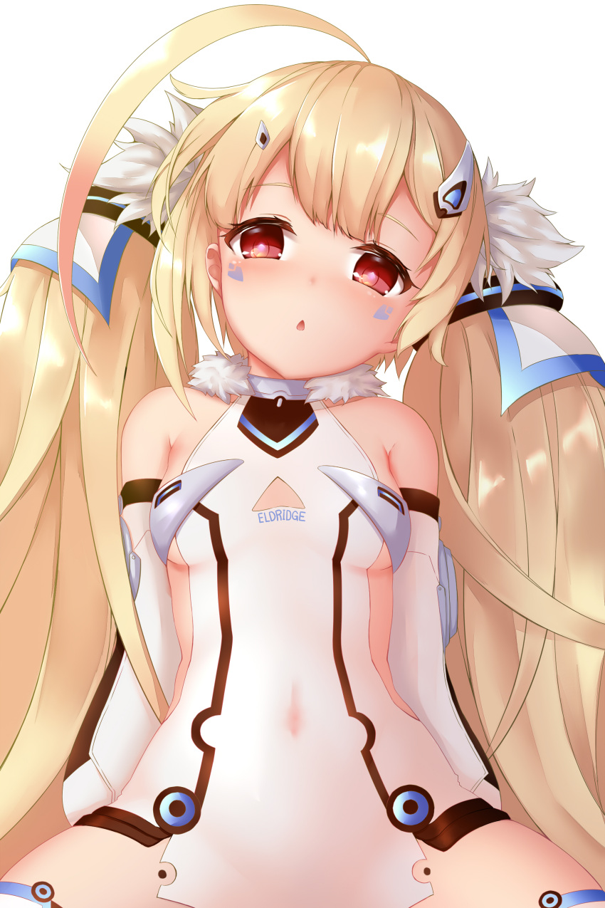 1girl absurdres ahoge azur_lane blonde_hair blush breasts character_name chestnut_mouth commentary_request covered_navel detached_sleeves dress eldridge_(azur_lane) facial_mark fur_trim hair_ornament hairclip head_tilt highres long_hair long_sleeves parted_lips pnt_(ddnu4555) puffy_long_sleeves puffy_sleeves red_eyes sidelocks sitting sleeveless sleeveless_dress small_breasts solo spread_legs twintails very_long_hair white_dress white_sleeves