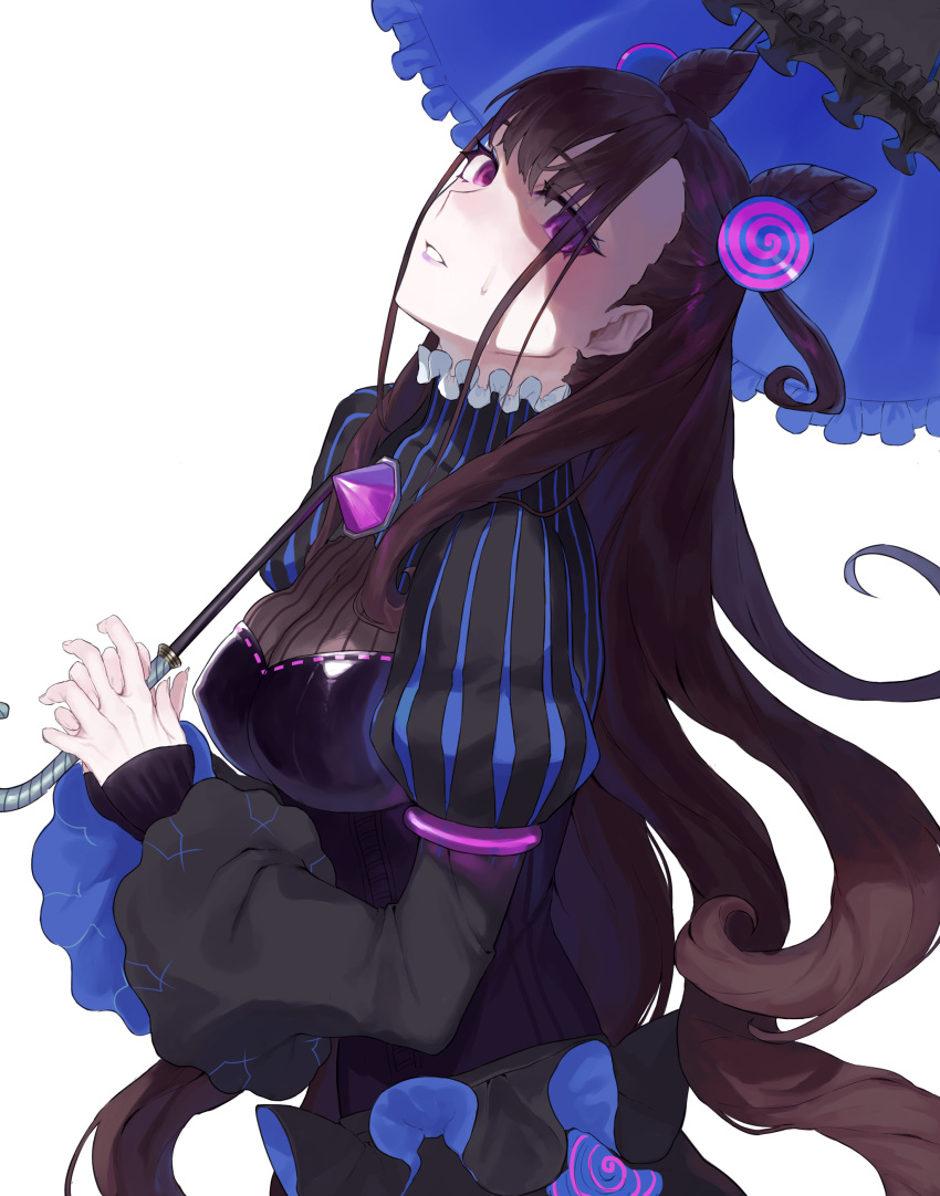 1girl absurdres black_dress breasts brown_hair corset double_bun dress fate/grand_order fate_(series) frilled_umbrella frills gem hair_between_eyes hakisou highres holding holding_umbrella large_breasts long_hair long_sleeves looking_at_viewer murasaki_shikibu_(fate) pink_eyes puffy_long_sleeves puffy_sleeves simple_background solo striped sweat two_side_up umbrella vertical_stripes very_long_hair white_background