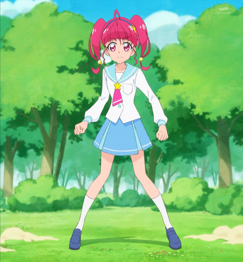 1girl highres hoshina_hikaru mihoshi_middle_school_uniform pink_eyes pink_hair precure school_uniform screencap solo star_twinkle_precure stitched third-party_edit twintails