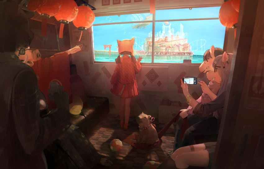 1girl aircraft airship ball bird blue_sky boar bridge brown_hair cellphone day dress flock glasses goggles hat highres idoukunn indoors kneehighs lantern nengajou new_year original paper_lantern phone profile red_dress roller_coaster scenery short_twintails sitting sky standing thigh-highs torii twintails window yellow_hat