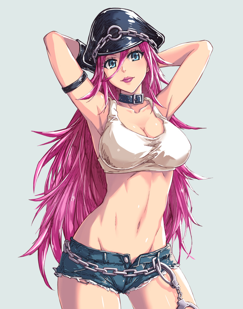 1girl a4typhoon absurdres arm_strap armpits arms_up blue_eyes blue_shorts breasts chains cleavage closed_mouth collar cowboy_shot cuffs cutoffs denim denim_shorts final_fight grey_background hair_between_eyes handcuffs hat highres large_breasts legs_apart lips lipstick makeup navel open_fly peaked_cap pink_hair pink_lipstick poison_(final_fight) short_shorts shorts solo tank_top