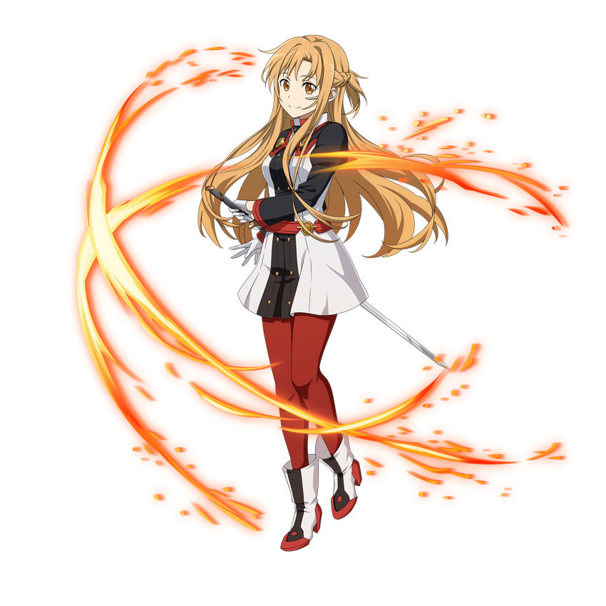 1girl asuna_(sao) augma boots braid brown_eyes brown_hair dress floating_hair full_body gloves half_gloves highres holding holding_sword holding_weapon long_hair looking_at_viewer pantyhose red_legwear short_dress smile solo standing sword sword_art_online transparent_background very_long_hair weapon white_gloves