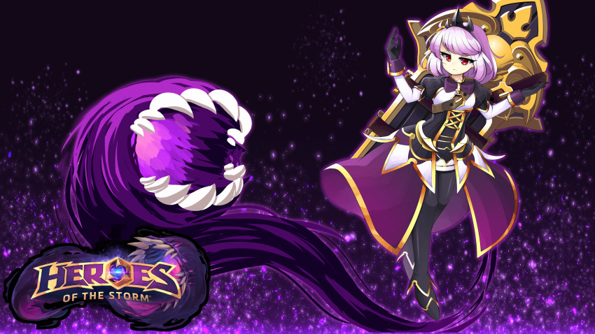 1girl absurdres black_gloves black_legwear bow copyright_name crown dark_background dress frown full_body gloves gozas99 hands_up heroes_of_the_storm highres huge_filesize logo long_sleeves looking_at_viewer open_mouth orphea_(heroes_of_the_storm) purple_bow purple_hair red_eyes sharp_teeth solo standing teeth wrist_cuffs