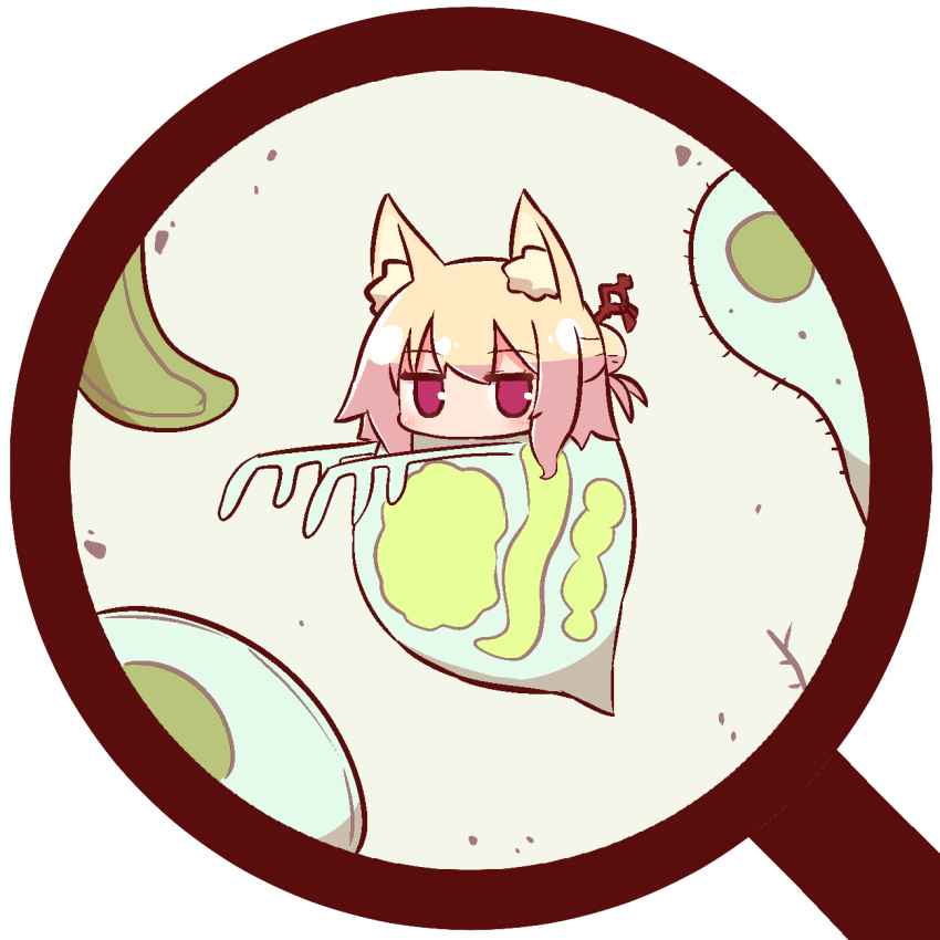 1girl animal_ear_fluff animal_ears bangs blonde_hair blush eyebrows_visible_through_hair fox_ears hair_between_eyes hair_bun hair_ornament highres kemomimi-chan_(naga_u) magnifying_glass naga_u original outstretched_arms red_eyes sidelocks solo white_background