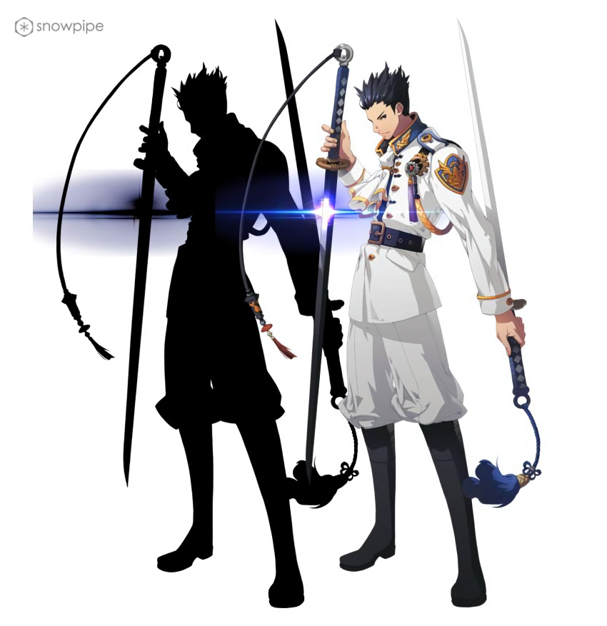1boy alternate_costume artist_request ascot badge belt belt_buckle black_belt black_footwear black_hair blue_collar boots brown_eyes buckle buttoned_cuffs buttons collar company_name dual_wielding emblem flower_knot gold_buckle gold_buttons highres holding holding_sword holding_weapon jacket katana lens_flare logo long_sleeves looking_at_viewer looking_to_the_side male_focus military military_uniform official_art oogami_ichirou pants pocket purple_tassel red_tassel sakura_taisen sega serious short_hair silhouette solo spiky_hair standing sword sword_tassle teeth third-party_source tie_clip uniform upper_teeth_only v-shaped_eyebrows watermark weapon white_ascot white_jacket white_pants white_sleeves white_uniform