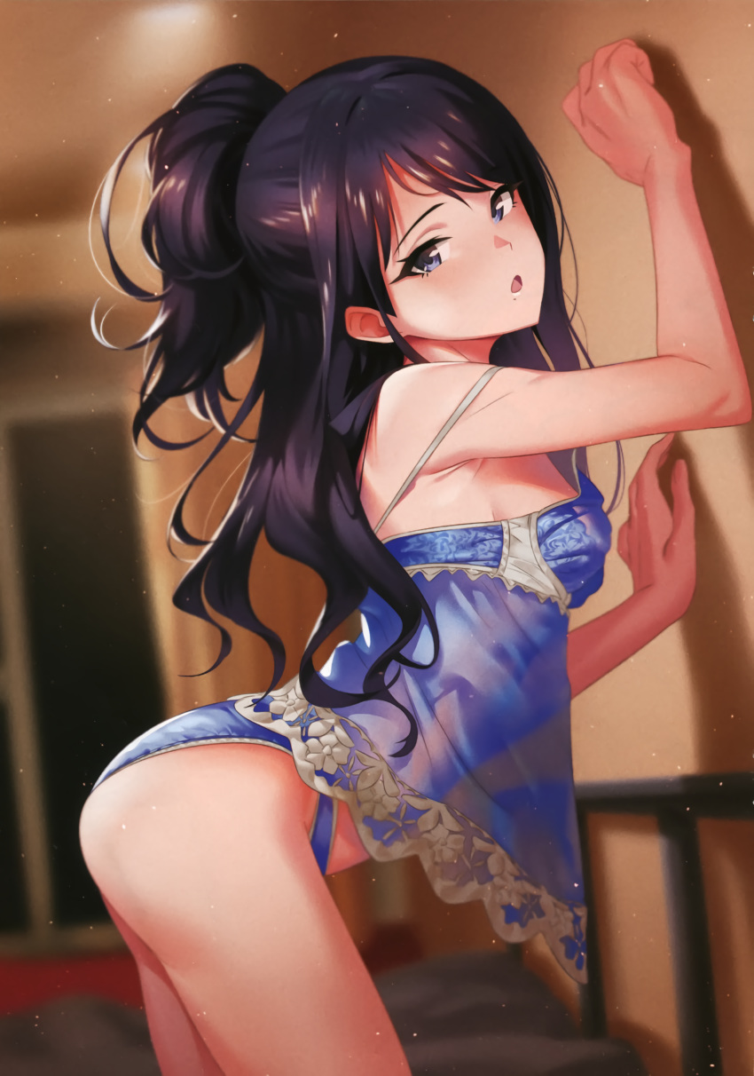 1girl absurdres against_wall arched_back babydoll blue_eyes blue_panties blurry blurry_background breasts contrapposto cowboy_shot depth_of_field dutch_angle from_side fukushi_ryouhei highres idolmaster idolmaster_shiny_colors indoors kazano_hiori light_particles lingerie long_hair looking_at_viewer mole mole_under_mouth one_side_up open_mouth panties purple_hair scan small_breasts solo underwear underwear_only