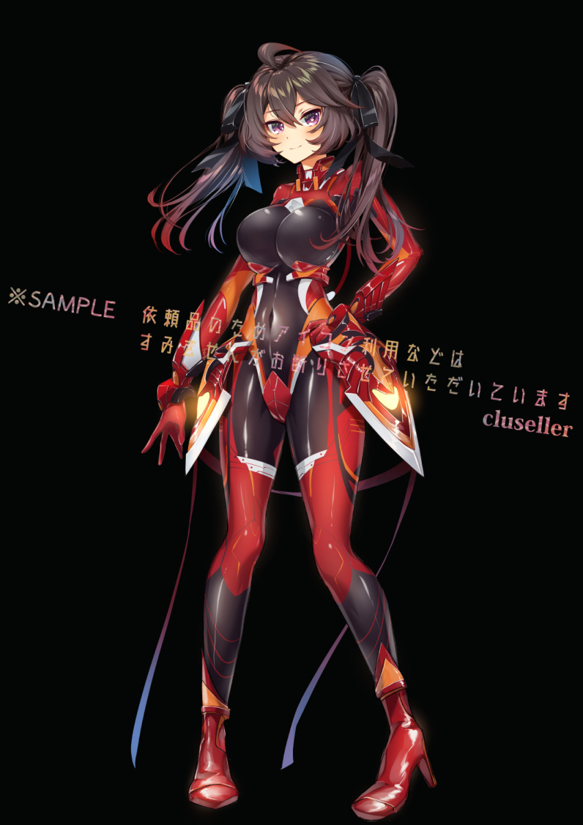 1girl ahoge black_hair blush bodysuit breasts cluseller commentary_request dark_background elbow_gloves eyebrows_visible_through_hair full_body gloves gradient_hair hair_between_eyes hand_on_hip high_heels highres large_breasts long_hair looking_at_viewer multicolored_hair navel original pilot_suit skin_tight smile translation_request twintails violet_eyes