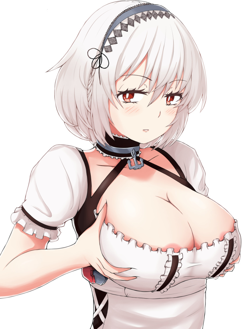 1girl absurdres anchor_choker azur_lane bangs black_choker blush breasts choker cleavage collarbone dress eyebrows_visible_through_hair frilled_choker frilled_sleeves frills glaring hair_between_eyes hands_on_own_breasts highres lace-trimmed_hairband large_breasts looking_at_viewer parted_lips physisyoon puffy_short_sleeves puffy_sleeves red_eyes short_hair short_sleeves simple_background sirius_(azur_lane) skindentation solo two-tone_dress upper_body white_dress white_hair