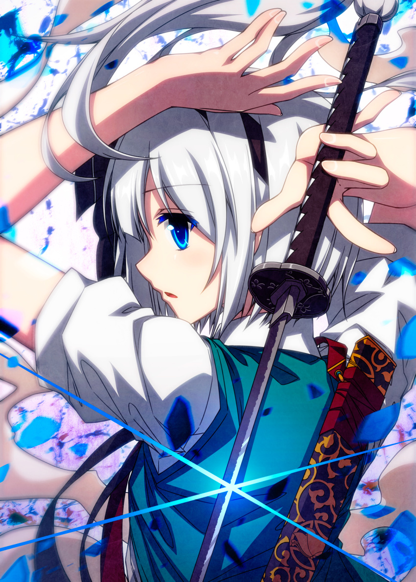 1girl arms_up black_hairband black_ribbon blue_eyes blush colored_eyelashes commentary_request from_behind glint green_vest hair_ribbon hairband highres holding holding_sword holding_weapon katana konpaku_youmu looking_at_viewer looking_back parted_lips petals profile puffy_short_sleeves puffy_sleeves ribbon sazanami_mio scabbard sheath shirt short_hair short_sleeves sidelocks silver_hair solo sword touhou upper_body vest weapon white_shirt
