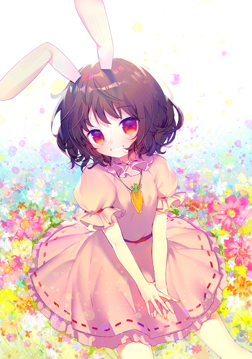 1girl abstract_background animal_ears between_legs black_hair blue_background blush carrot_necklace dress feet_out_of_frame field fingernails flower flower_field gradient gradient_background grin hand_between_legs hands_together head_tilt highres hinasumire inaba_tewi looking_at_viewer nail_polish outstretched_legs pink_dress puffy_short_sleeves puffy_sleeves rabbit_ears red_eyes short_hair short_sleeves silver_nails sitting smile solo touhou white_background yellow_nails