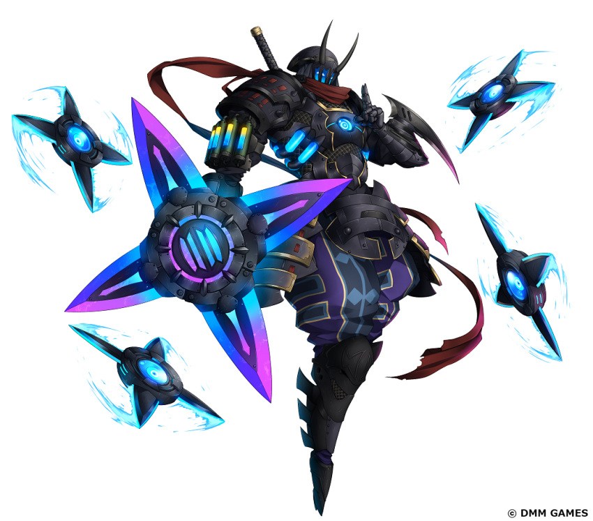 1boy armor blade floating glowing glowing_eye gradient greaves hand_gesture helmet horns japanese_armor katana ninja official_art oshiro_project_re pauldrons red_scarf scarf shuriken simple_background solo spinning sword torn_clothes weapon weapon_on_back white_background white_eyes